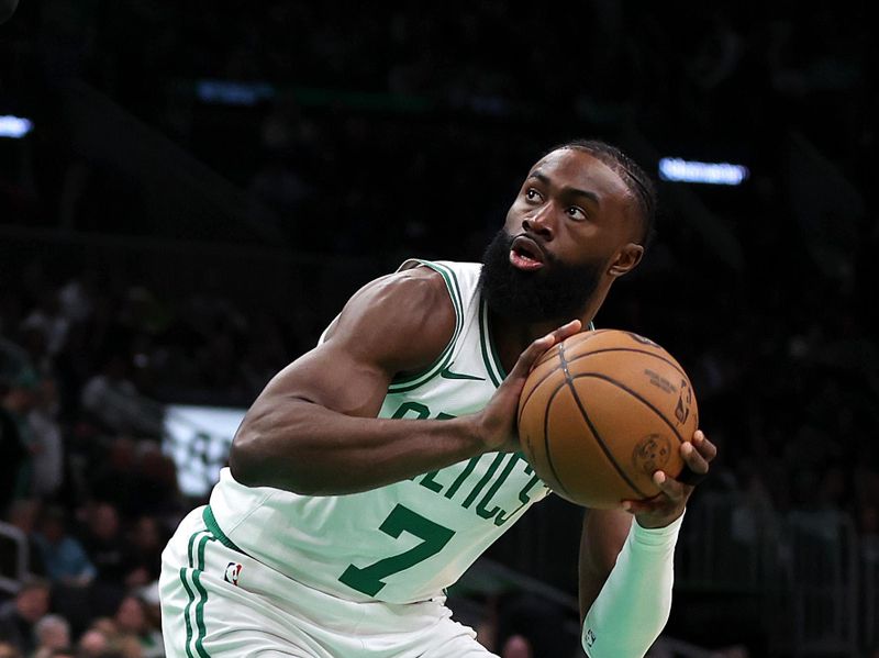 BOSTON, MASSACHUSETTS - JANUARY 05: Jaylen Brown #7 of the Boston Celtics looks for a shot against the Utah Jazz during the first quarter at TD Garden on January 05, 2024 in Boston, Massachusetts. NOTE TO USER: User expressly acknowledges and agrees that, by downloading and or using this photograph, user is consenting to the terms and conditions of the Getty Images License Agreement.  (Photo by Maddie Meyer/Getty Images)