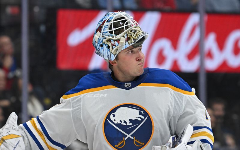 Oct 25, 2025; Toronto, Ontario, CAN; Buffalo Sabres goalie Ukko Pekka Luukkonen (1) during a break in the play in the third period against the Toronto Maple Leafs at Scotiabank Arena. Mandatory Credit: Gerry Angus-Imagn Images