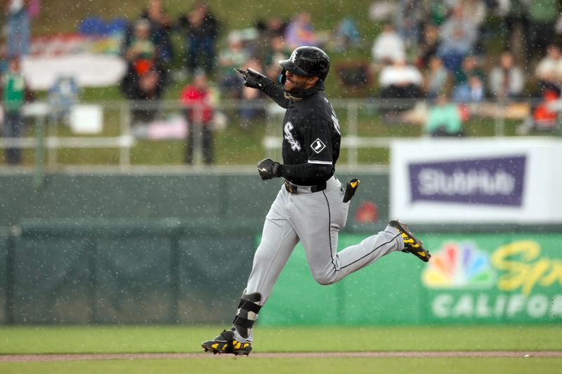 Apr 27, 2025; West Sacramento, California, USA; Chicago White Sox right fielder Joshua Palacios (47) runs out his solo home run against the Athletics during the first inning at Sutter Health Park. Mandatory Credit: D. Ross Cameron-Imagn Images