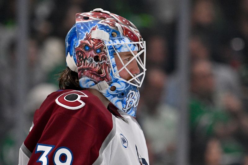 Apr 28, 2025; Dallas, Texas, USA; Colorado Avalanche goaltender Mackenzie Blackwood (39) looks on before the second period against the Dallas Stars in game five of the first round of the 2025 Stanley Cup Playoffs at American Airlines Center. Mandatory Credit: Jerome Miron-Imagn Images