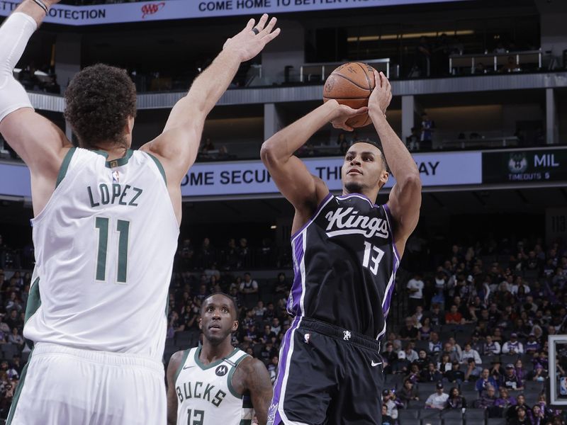 SACRAMENTO, CA - MARCH 22: Keegan Murray #13 of the Sacramento Kings shoots the ball during the game against the Milwaukee Bucks on March 22, 2025 at Golden 1 Center in Sacramento, California. NOTE TO USER: User expressly acknowledges and agrees that, by downloading and or using this Photograph, user is consenting to the terms and conditions of the Getty Images License Agreement. Mandatory Copyright Notice: Copyright 2025 NBAE (Photo by Rocky Widner/NBAE via Getty Images)