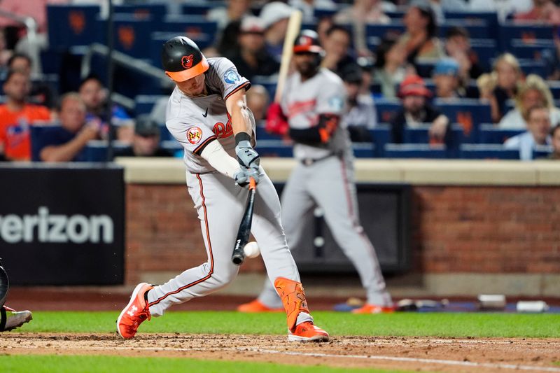 Aug 19, 2024; New York City, New York, USA; Baltimore Orioles first baseman Ryan Mountcastle (6) hits a single against the New York Mets during the fourth inning at Citi Field. Mandatory Credit: Gregory Fisher-USA TODAY Sports