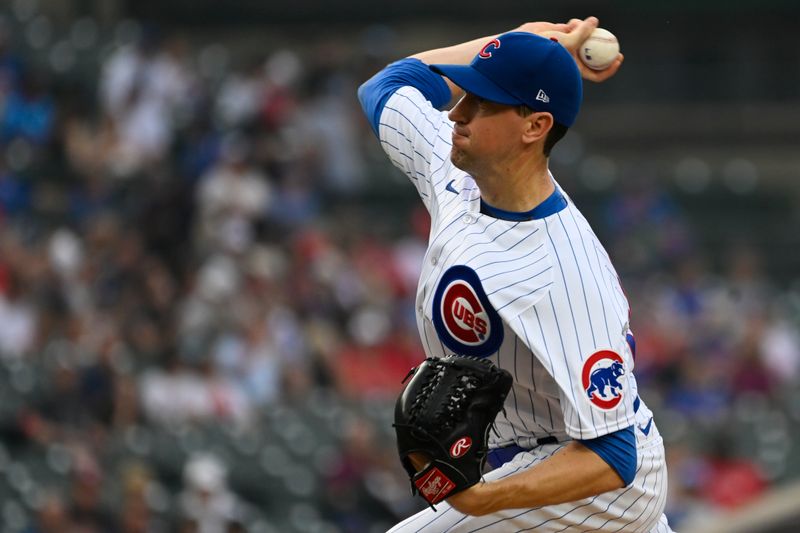 Jun 29, 2023; Chicago, Illinois, USA;  Chicago Cubs starting pitcher Kyle Hendricks (28) delivers against the Philadelphia Phillies during the first inning at Wrigley Field. Mandatory Credit: Matt Marton-USA TODAY Sports