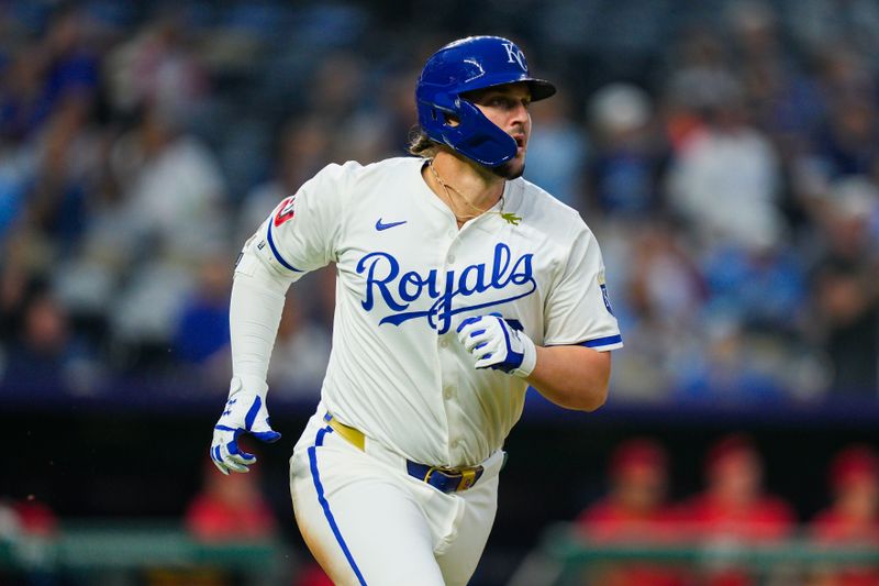 Sep 4, 2025; Kansas City, Missouri, USA; Kansas City Royals first baseman Vinnie Pasquantino (9) rounds the bases after hitting a home run during the fourth inning against the Los Angeles Angels at Kauffman Stadium. Mandatory Credit: Jay Biggerstaff-Imagn Images