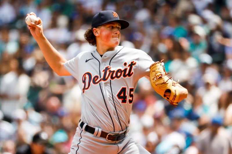 Jul 16, 2023; Seattle, Washington, USA; Detroit Tigers starting pitcher Reese Olson (45) throws against the Seattle Mariners during the first inning at T-Mobile Park. Mandatory Credit: Joe Nicholson-USA TODAY Sports