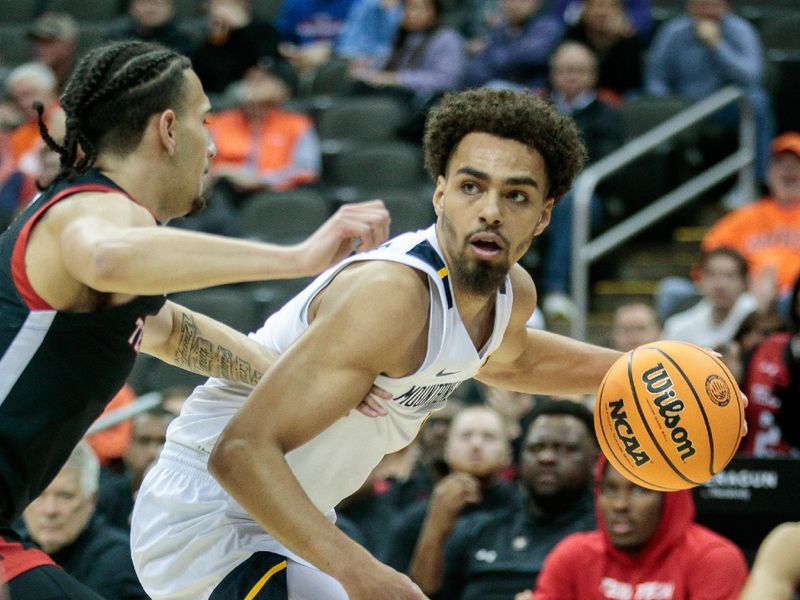 Mar 8, 2023; Kansas City, MO, USA; West Virginia Mountaineers forward Emmitt Matthews Jr. (1) drives the baseline during the first half against the Texas Tech Red Raiders at T-Mobile Center. Mandatory Credit: William Purnell-USA TODAY Sports