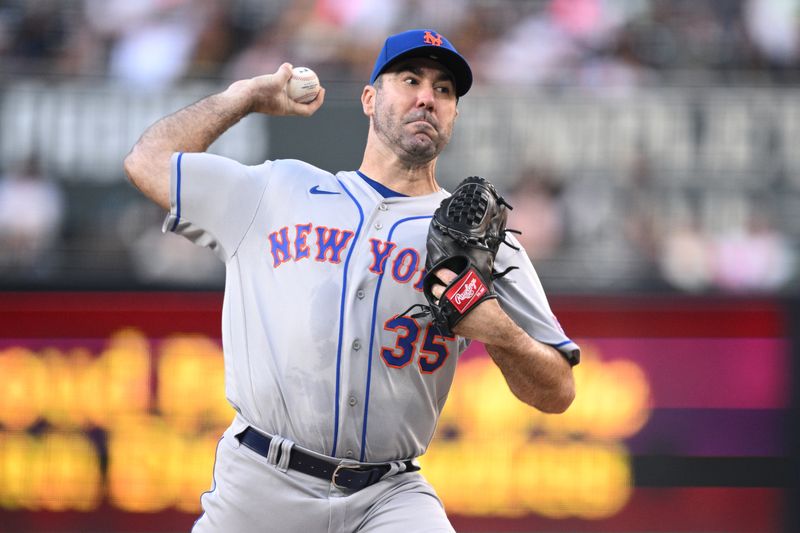 Jul 7, 2023; San Diego, California, USA; New York Mets starting pitcher Justin Verlander (35) throws a pitch against the San Diego Padres during the first inning at Petco Park. Mandatory Credit: Orlando Ramirez-USA TODAY Sports