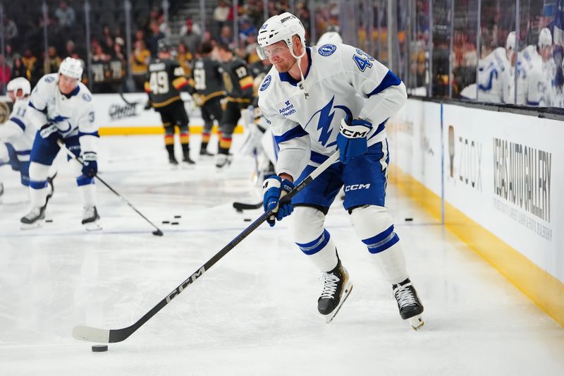 Mar 23, 2025; Las Vegas, Nevada, USA; Tampa Bay Lightning defenseman Darren Raddysh (43) warms up before a game against the Vegas Golden Knights at T-Mobile Arena. Mandatory Credit: Stephen R. Sylvanie-Imagn Images