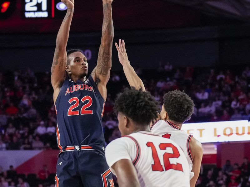 Jan 4, 2023; Athens, Georgia, USA; Auburn Tigers guard Allen Flanigan (22) shoots a jump shot against the Georgia Bulldogs during the first half at Stegeman Coliseum. Mandatory Credit: Dale Zanine-USA TODAY Sports