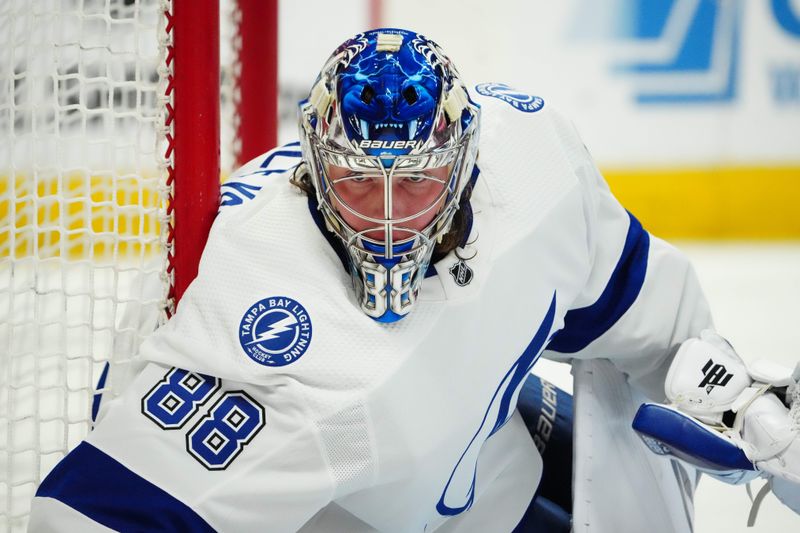 Feb 14, 2023; Denver, Colorado, USA; Tampa Bay Lightning goaltender Andrei Vasilevskiy (88) defends the net in second period against the Colorado Avalanche at Ball Arena. Mandatory Credit: Ron Chenoy-USA TODAY Sports