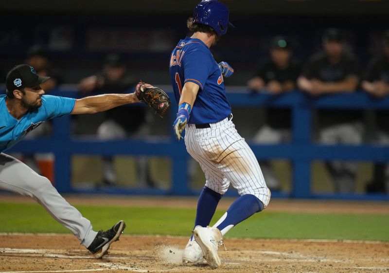 Feb 25, 2023; Port St. Lucie, Florida, USA;  New York Mets second baseman Jeff McNeil (1) scores against Miami Marlins relief pitcher JT Chargois (84) in the third inning at Clover Park. Mandatory Credit: Jim Rassol-USA TODAY Sports