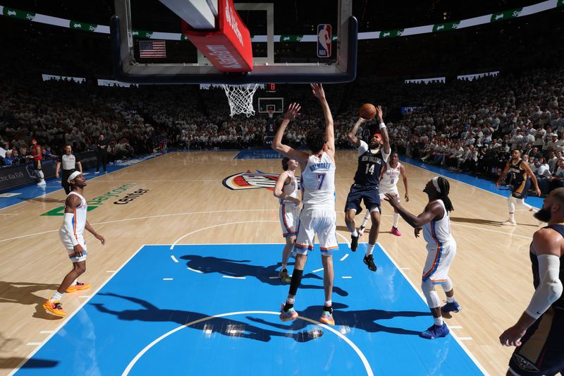 OKLAHOMA CITY, OK - APRIL 21:  Brandon Ingram #14 of the New Orleans Pelicans goes to the basket during the game against the Oklahoma City Thunder during Round 1 Game 1 of the 2024 NBA Playoffs on April 21, 2024 at Paycom Arena in Oklahoma City, Oklahoma. NOTE TO USER: User expressly acknowledges and agrees that, by downloading and or using this photograph, User is consenting to the terms and conditions of the Getty Images License Agreement. Mandatory Copyright Notice: Copyright 2024 NBAE (Photo by Zach Beeker/NBAE via Getty Images)