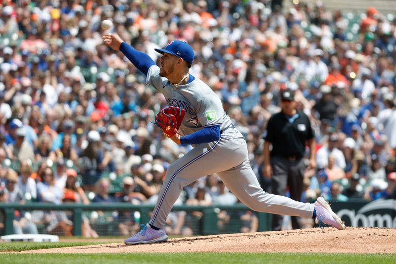 May 25, 2024; Detroit, Michigan, USA; Toronto Blue Jays starting pitcher José Berríos (17) pitches during the first inning of the game against the Detroit Tigers at Comerica Park. Mandatory Credit: Brian Bradshaw Sevald-USA TODAY Sports