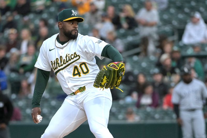 Apr 25, 2025; West Sacramento, California, USA; Athletics pitcher Luis Severino (40) throws a pitch against the Chicago White Sox during the first inning at Sutter Health Park. Mandatory Credit: Ed Szczepanski-Imagn Images