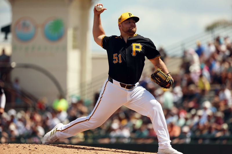 Mar 24, 2024; Bradenton, Florida, USA; Pittsburgh Pirates relief pitcher David Bednar (51) throws a pitch during the fourth inning against the New York Yankees at LECOM Park. Mandatory Credit: Kim Klement Neitzel-USA TODAY Sports