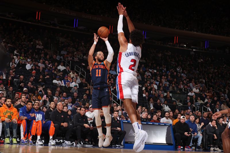 NEW YORK, NY - FEBRUARY 26: Jalen Brunson #11 of the New York Knicks shoots the ball during the game against the Detroit Pistons on February 26, 2024 at Madison Square Garden in New York City, New York.  NOTE TO USER: User expressly acknowledges and agrees that, by downloading and or using this photograph, User is consenting to the terms and conditions of the Getty Images License Agreement. Mandatory Copyright Notice: Copyright 2024 NBAE  (Photo by Nathaniel S. Butler/NBAE via Getty Images)