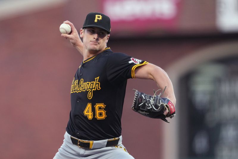 Apr 26, 2024; San Francisco, California, USA; Pittsburgh Pirates starting pitcher Quinn Priester (46) throws a pitch against the San Francisco Giants during the first inning at Oracle Park. Mandatory Credit: Darren Yamashita-USA TODAY Sports