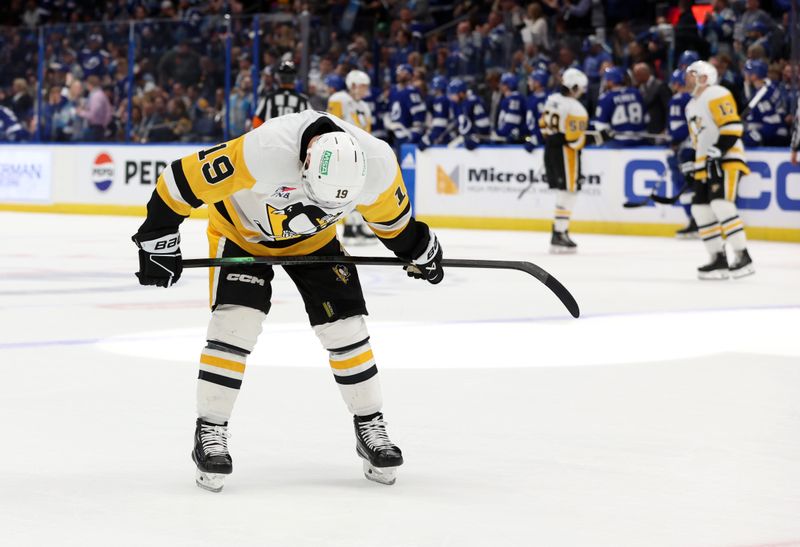 Dec 6, 2023; Tampa, Florida, USA; Pittsburgh Penguins right wing Reilly Smith (19) looks down after the Tampa Bay Lightning score during the second period at Amalie Arena. Mandatory Credit: Kim Klement Neitzel-USA TODAY Sports