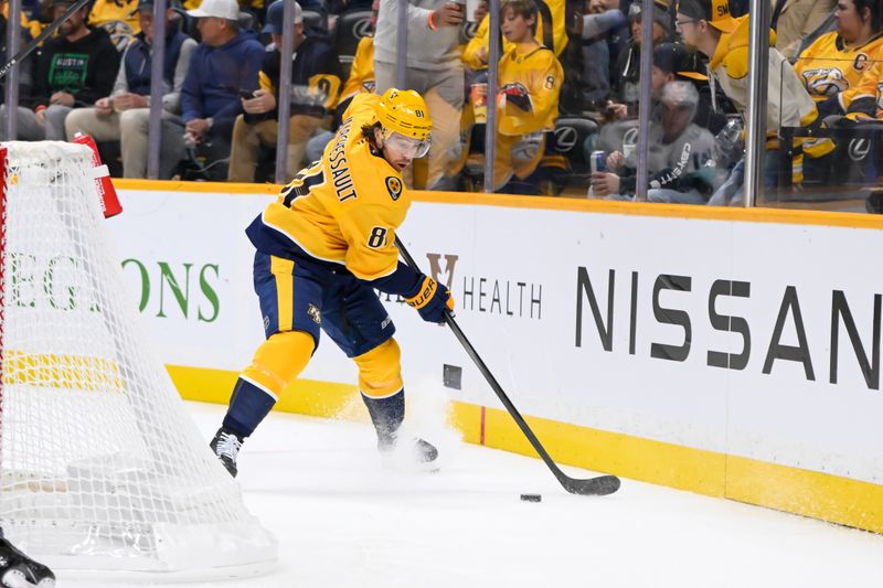 Oct 15, 2024; Nashville, Tennessee, USA;  Nashville Predators center Jonathan Marchessault (81) skates against the Seattle Kraken during the first period at Bridgestone Arena. Mandatory Credit: Steve Roberts-Imagn Images