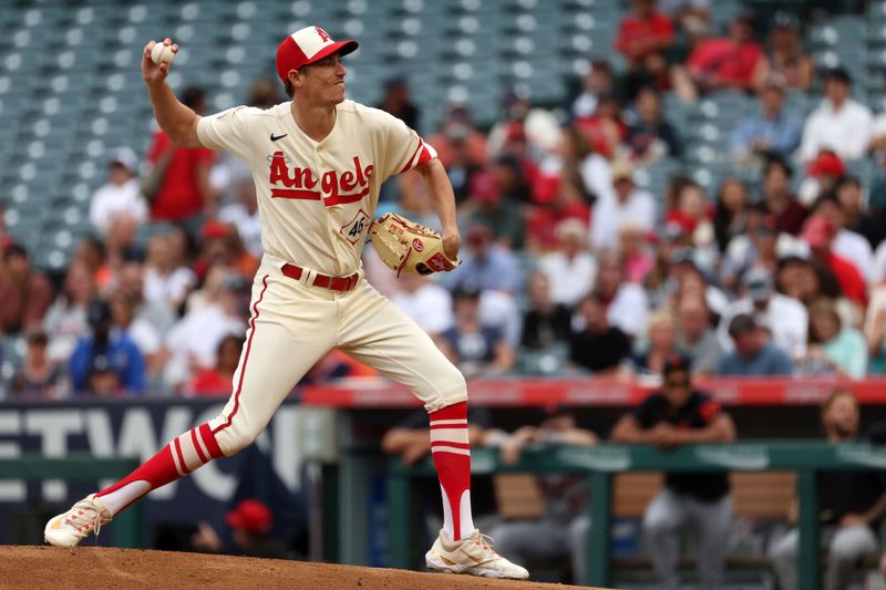 Sep 17, 2023; Anaheim, California, USA; Los Angeles Angels starting pitcher Jimmy Herget (46) throws a pitch during the first inning against the Detroit Tigers at Angel Stadium. Mandatory Credit: Kiyoshi Mio-USA TODAY Sports