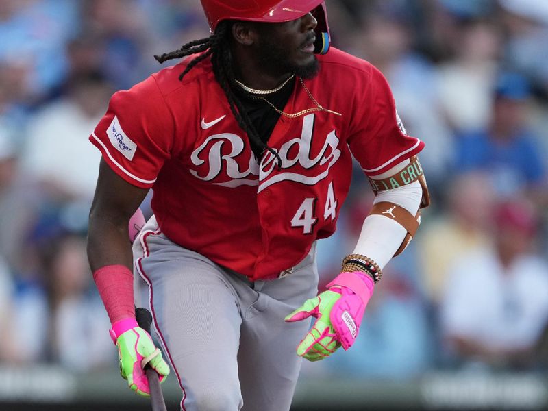 Mar 20, 2026; Mesa, Arizona, USA; Cincinnati Reds shortstop Elly de la Cruz (44) hits against the Chicago Cubs in the first inning at Sloan Park. Mandatory Credit: Rick Scuteri-Imagn Images