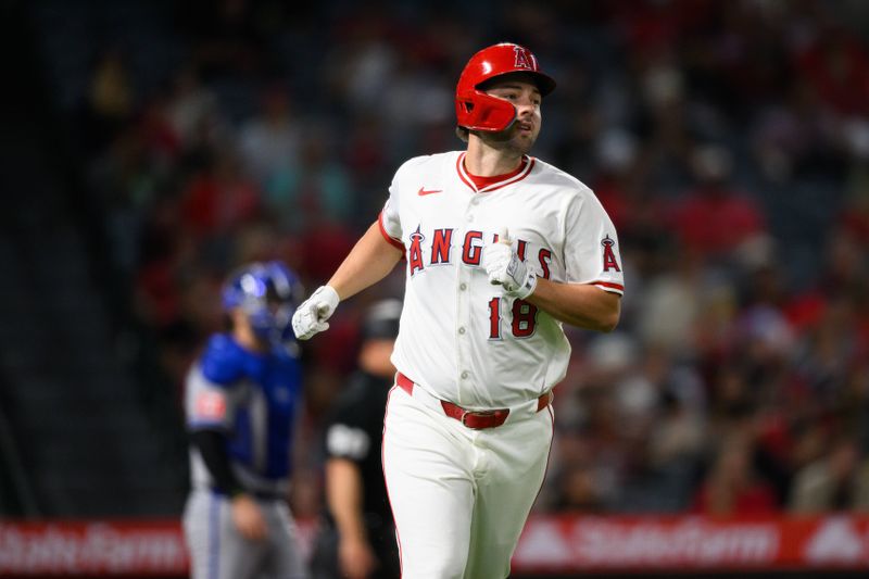 Sep 25, 2025; Anaheim, California, USA; Los Angeles Angels first baseman Nolan Schanuel (18) runs after hitting a home run during the sixth inning against the Kansas City Royals at Angel Stadium. Mandatory Credit: William Liang-Imagn Images