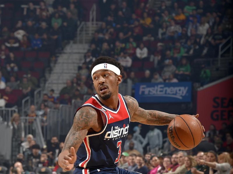 CLEVELAND, OH - MARCH 17: Bradley Beal #3 of the Washington Wizards handles the ball during the game against the Cleveland Cavaliers on March 17, 2023 at Rocket Mortgage FieldHouse in Cleveland, Ohio. NOTE TO USER: User expressly acknowledges and agrees that, by downloading and/or using this Photograph, user is consenting to the terms and conditions of the Getty Images License Agreement. Mandatory Copyright Notice: Copyright 2023 NBAE (Photo by David Liam Kyle/NBAE via Getty Images)