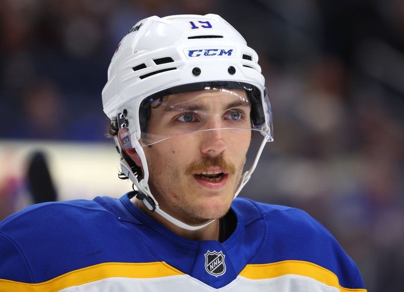 Oct 15, 2025; Buffalo, New York, USA;  Buffalo Sabres center Peyton Krebs (19) during a stoppage in play against the Ottawa Senators at KeyBank Center. Mandatory Credit: Timothy T. Ludwig-Imagn Images