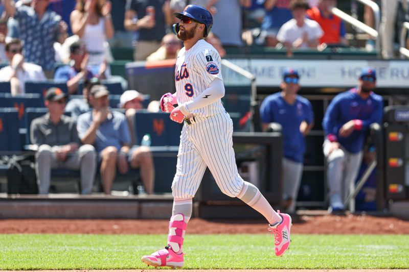 May 11, 2025; New York City, New York, USA; New York Mets left fielder Brandon Nimmo (9) rounds the bases after hitting a two run home run during the eighth inning against the Chicago Cubs at Citi Field. Mandatory Credit: Vincent Carchietta-Imagn Images