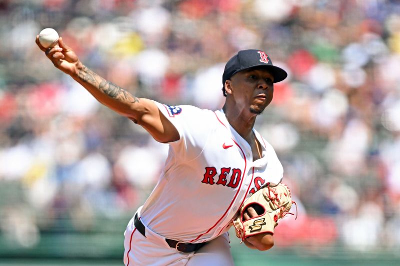 Jul 13, 2025; Boston, Massachusetts, USA; Boston Red Sox pitcher Brayan Bello (66) pitches against the Tampa Bay Rays during the first inning  at Fenway Park. Mandatory Credit: Brian Fluharty-Imagn Images