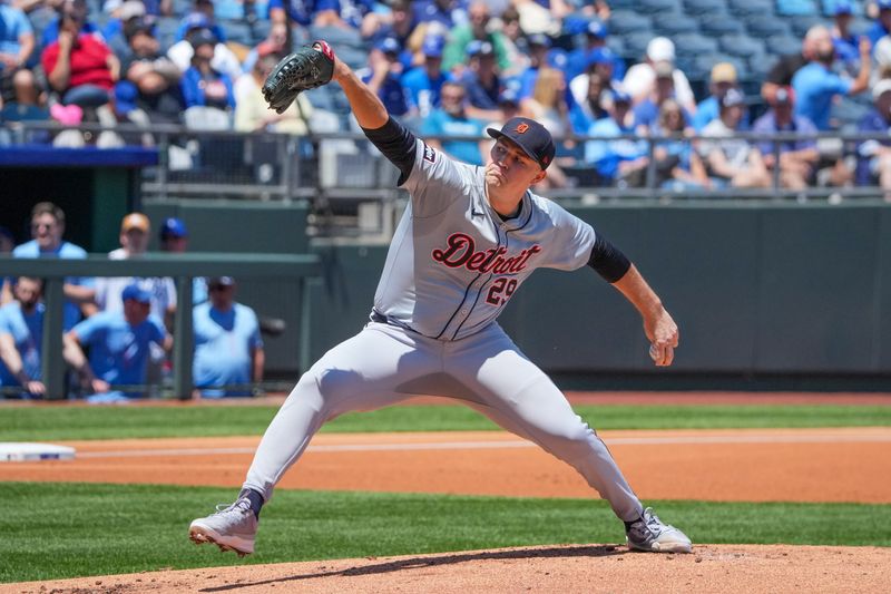 May 22, 2024; Kansas City, Missouri, USA; Detroit Tigers starting pitcher Tarik Skubal (29) delivers a pitch against the Kansas City Royals in the first inning at Kauffman Stadium. Mandatory Credit: Denny Medley-USA TODAY Sports