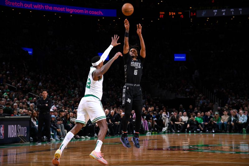 BOSTON, MA - FEBRUARY 12: Stephon Castle #5 of the San Antonio Spurs shoots a three point basket during the game against the Boston Celtics on February 12, 2025 at TD Garden in Boston, Massachusetts. NOTE TO USER: User expressly acknowledges and agrees that, by downloading and/or using this Photograph, user is consenting to the terms and conditions of the Getty Images License Agreement. Mandatory Copyright Notice: Copyright 2025 NBAE (Photo by Brian Babineau/NBAE via Getty Images)