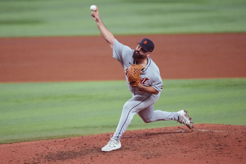 Sep 14, 2025; Miami, Florida, USA; Detroit Tigers starting pitcher Jose Urquidy (65) pitches against the Miami Marlins in the sixth inning at loanDepot Park. Mandatory Credit: Jim Rassol-Imagn Images