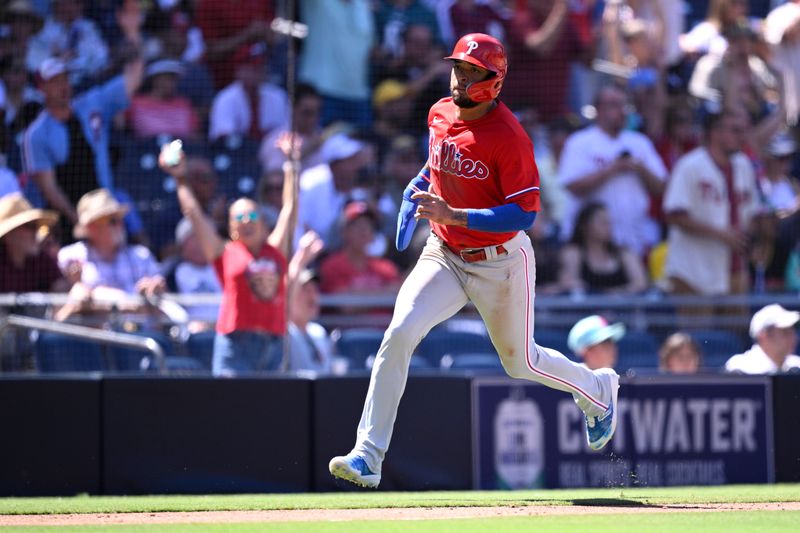 Sep 6, 2023; San Diego, California, USA; Philadelphia Phillies shortstop Edmundo Sosa (33) advances home to score a run against the San Diego Padres during the fourth inning at Petco Park. Mandatory Credit: Orlando Ramirez-USA TODAY Sports