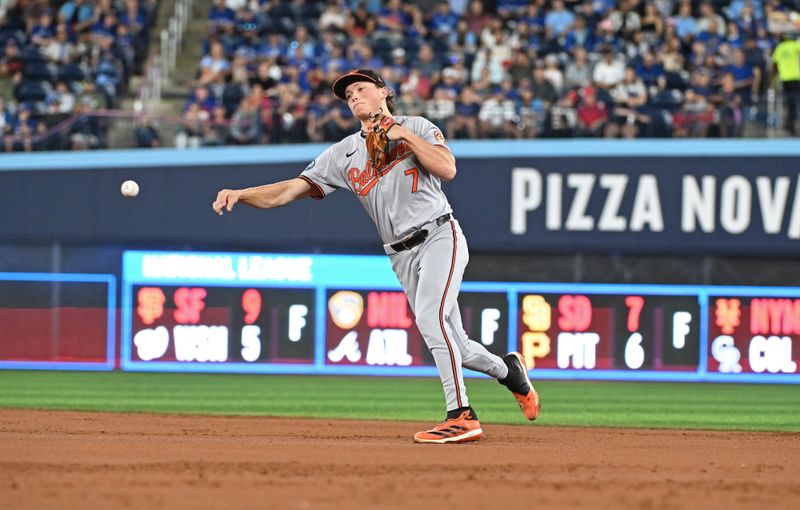 Aug 8, 2024; Toronto, Ontario, CAN; Baltimore Orioles second base Jackson Holliday (7) makes a throwing error to first base in the second inning against the Toronto Blue Jays  at Rogers Centre. Mandatory Credit: Gerry Angus-USA TODAY Sports