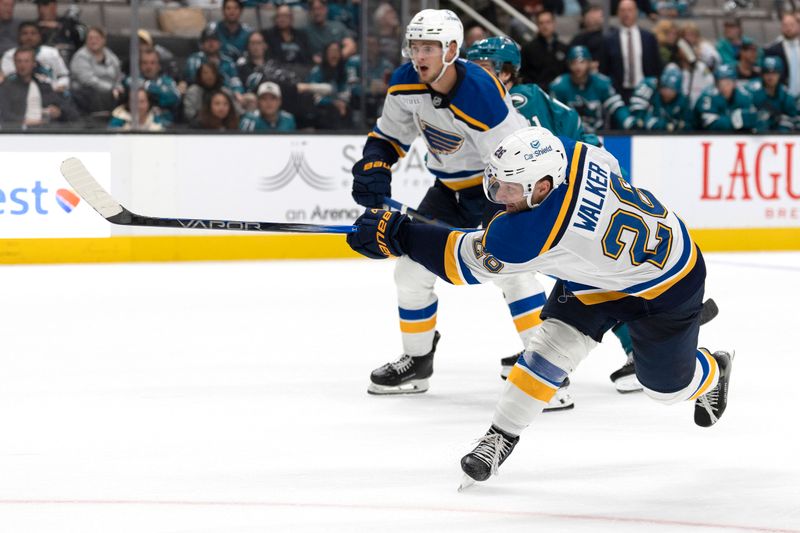 Oct 10, 2024; San Jose, California, USA;  St. Louis Blues left wing Nathan Walker (26) shoots the puck during the third period against the San Jose Sharks at SAP Center at San Jose. Mandatory Credit: Stan Szeto-Imagn Images