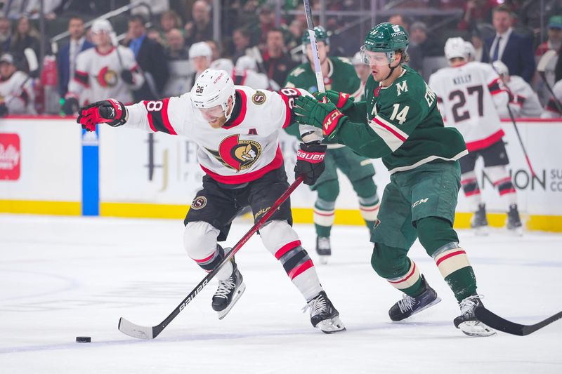 Apr 2, 2024; Saint Paul, Minnesota, USA; Minnesota Wild center Joel Eriksson Ek (14) defends Ottawa Senators right wing Claude Giroux (28) in the first period at Xcel Energy Center. Mandatory Credit: Brad Rempel-USA TODAY Sports