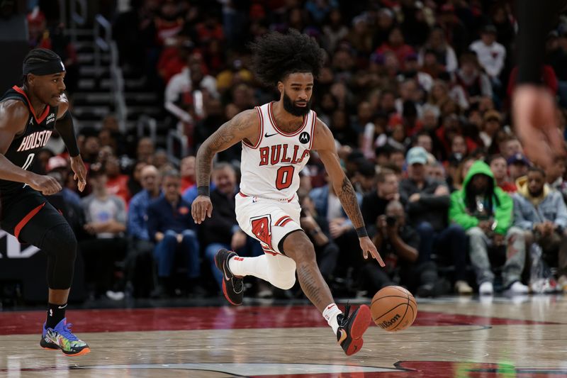 CHICAGO, ILLINOIS - JANUARY 10:  Coby White #0 of the Chicago Bulls controls the ball against the Houston Rockets on January 10, 2024 at United Center in Chicago, Illinois.  NOTE TO USER: User expressly acknowledges and agrees that, by downloading and or using this photograph, User is consenting to the terms and conditions of the Getty Images License Agreement.  (Photo by Jamie Sabau/Getty Images)