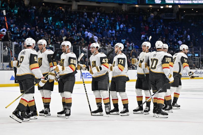 Oct 15, 2022; Seattle, Washington, USA; Vegas Golden Knights players celebrate after defeating the Seattle Kraken at Climate Pledge Arena. Mandatory Credit: Steven Bisig-USA TODAY Sports