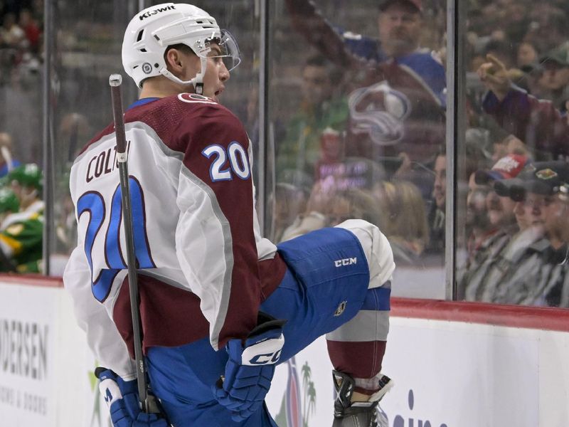 Nov 24, 2023; Saint Paul, Minnesota, USA; Colorado Avalanche forward Ross Colton (20) celebrates his goal against the Minnesota Wild during the first period at Xcel Energy Center. Mandatory Credit: Nick Wosika-USA TODAY Sports