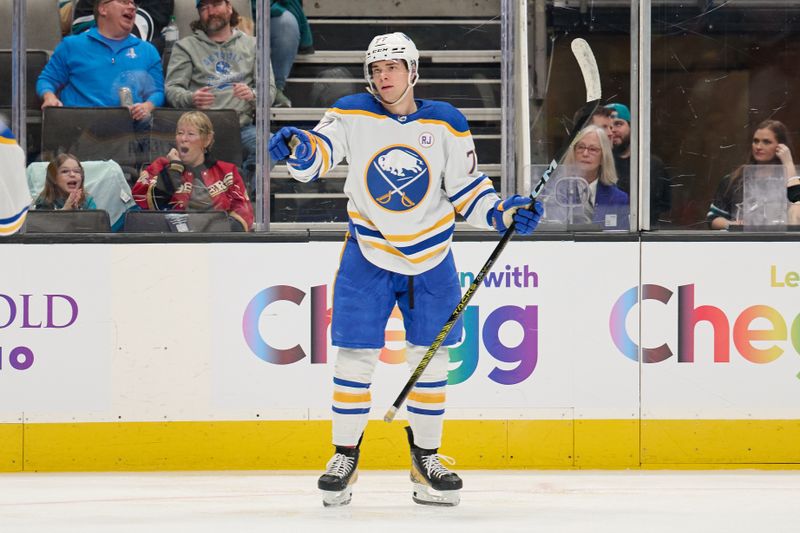 Jan 27, 2024; San Jose, California, USA; Buffalo Sabres right wing JJ Peterka (77) reacts after scoring a goal against the San Jose Sharks during the third period at SAP Center at San Jose. Mandatory Credit: Robert Edwards-USA TODAY Sports