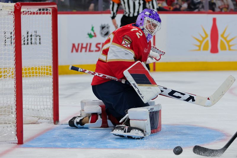 Nov 27, 2024; Sunrise, Florida, USA; Florida Panthers goaltender Sergei Bobrovsky (72) makes a save against the Toronto Maple Leafs during the second period at Amerant Bank Arena. Mandatory Credit: Sam Navarro-Imagn Images