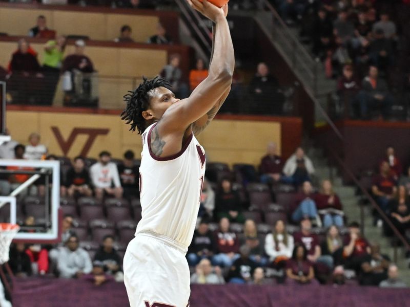 Jan 17, 2026; Blacksburg, Virginia, USA;  Virginia Tech Hokies forward Amani Hansberry (13) shoots a shot against Notre Dame Fighting Irish during the first half at Cassell Coliseum. Mandatory Credit: Brian Bishop-Imagn Images