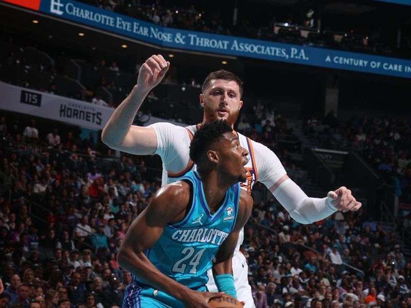 CHARLOTTE, NC - MARCH 15:  Brandon Miller #24 of the Charlotte Hornets handles the ball during the game  on March 15, 2024 at Spectrum Center in Charlotte, North Carolina. NOTE TO USER: User expressly acknowledges and agrees that, by downloading and or using this photograph, User is consenting to the terms and conditions of the Getty Images License Agreement.  Mandatory Copyright Notice:  Copyright 2024 NBAE (Photo by Nathaniel S. Butler/NBAE via Getty Images)