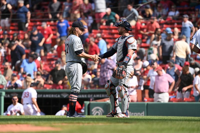 Jun 2, 2024; Boston, Massachusetts, USA;  Detroit Tigers pitcher Andrew Chafin (17) and catcher Carson Kelly (15) celebrate beating the Boston Red Sox in the tenth inning at Fenway Park. Mandatory Credit: Eric Canha-USA TODAY Sports