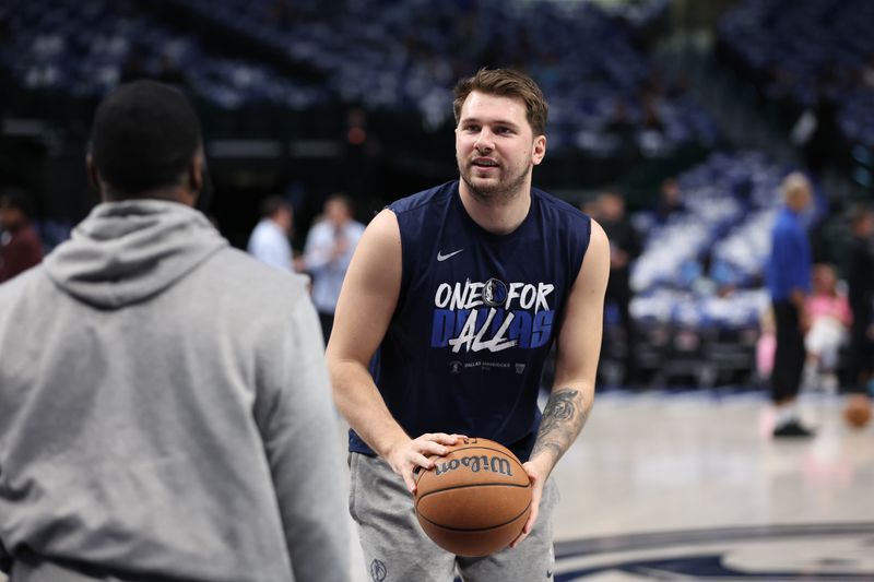 DALLAS, TX - APRIL 28: Luka Doncic #77 of the Dallas Mavericks warms up before the game against the LA Clippers during Round 1 Game 4 of the 2024 NBA Playoffs on April 28, 2024 at the American Airlines Center in Dallas, Texas. NOTE TO USER: User expressly acknowledges and agrees that, by downloading and or using this photograph, User is consenting to the terms and conditions of the Getty Images License Agreement. Mandatory Copyright Notice: Copyright 2024 NBAE (Photo by Tim Heitman/NBAE via Getty Images)