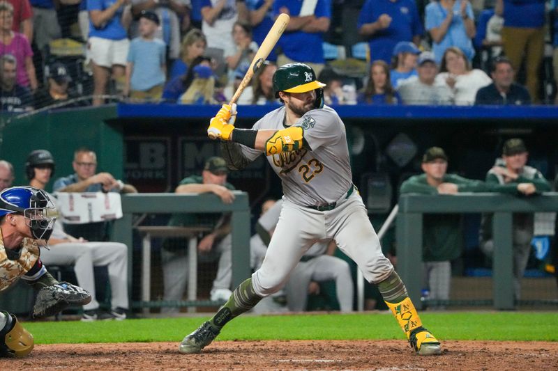 May 17, 2024; Kansas City, Missouri, USA;  Oakland Athletics catcher Shea Langeliers (23) at bat against the Kansas City Royals in the ninth inning at Kauffman Stadium. Mandatory Credit: Denny Medley-USA TODAY Sports