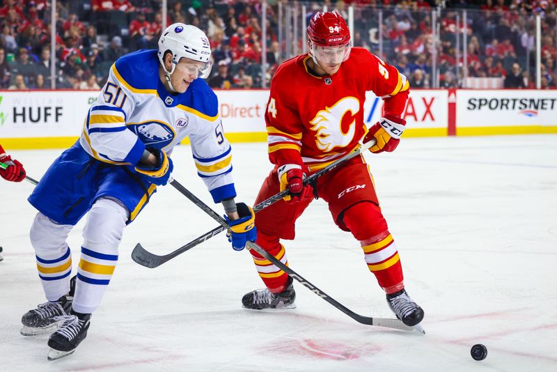 Mar 24, 2024; Calgary, Alberta, CAN; Calgary Flames defenseman Brayden Pachal (94) and Buffalo Sabres left wing Eric Robinson (50) battles for the puck during the first period at Scotiabank Saddledome. Mandatory Credit: Sergei Belski-USA TODAY Sports