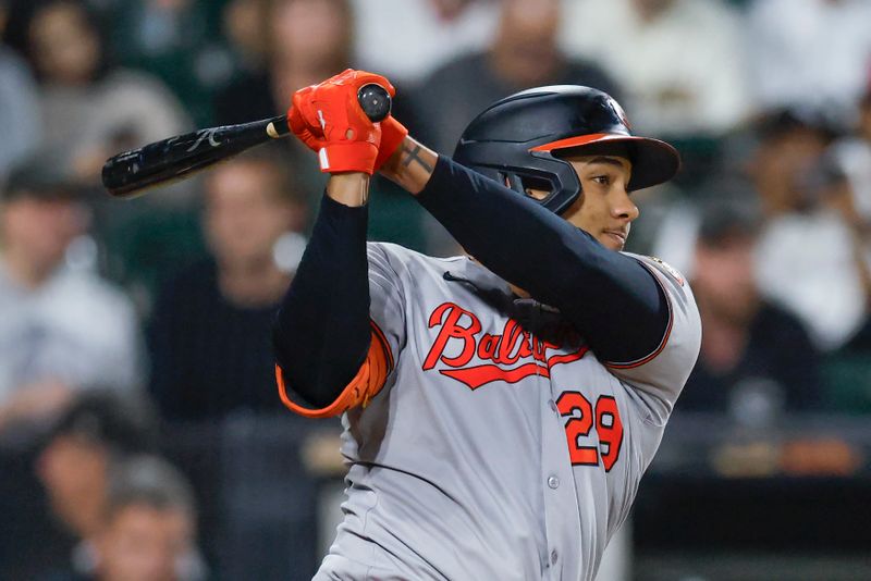 Sep 15, 2025; Chicago, Illinois, USA; Baltimore Orioles catcher Samuel Basallo (29) singles against the Chicago White Sox during the sixth inning at Rate Field. Mandatory Credit: Kamil Krzaczynski-Imagn Images