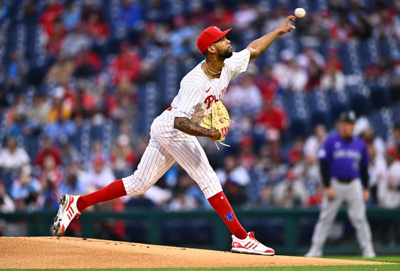 Apr 17, 2024; Philadelphia, Pennsylvania, USA; Philadelphia Phillies starting pitcher Cristopher Sanchez (61) throws a pitch against the Colorado Rockies in the first inning at Citizens Bank Park. Mandatory Credit: Kyle Ross-USA TODAY Sports